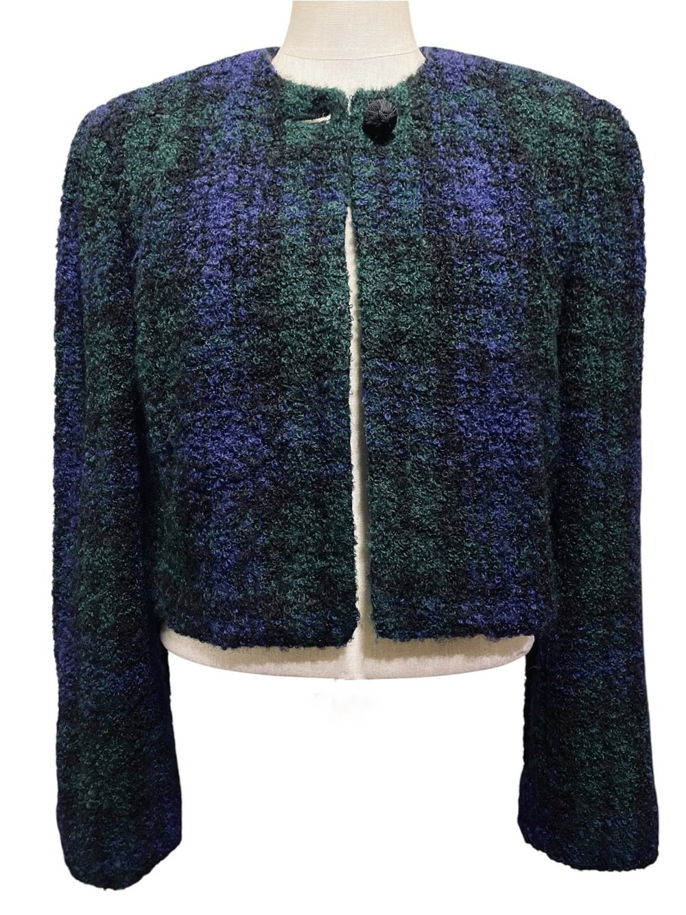 Vtg 90s Linda Allard Ellen Tracy Plaid Boucle Cropped Blazer 14 Dark Academia